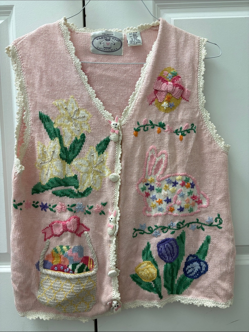 VINTAGE Pink Embroidered Easter Bunny Knit Vest - Women's